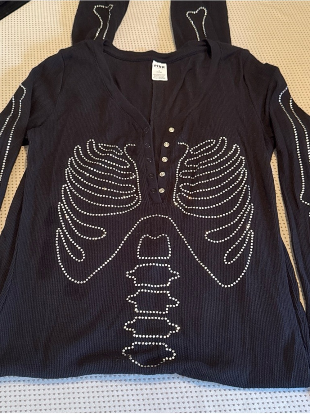 PINK Victoria's Secret BLING Skeleton Black Ribbed‎ Thermal Henley